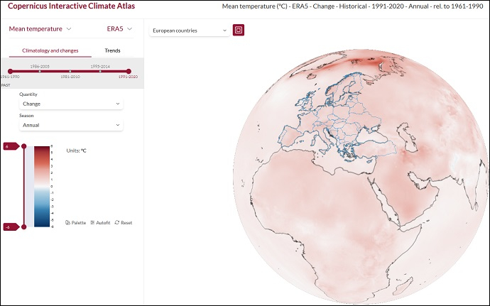 Screenshot from Copernicus Interactive Climate Atlas