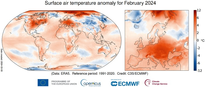 February 2024 surface air temperature anomaly
